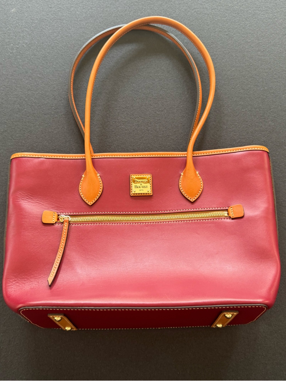 Dooney & Bourke Red Leather Tote with Tan Trim